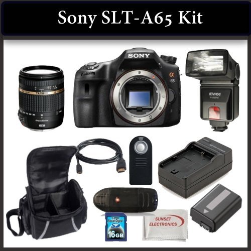 Sony SLT-A65 Digital Camera Kit Includes: Sony SLT-A65 Camera, Tamron 18-270mm F/3.5-6.3 Di II PZD Lens, Bower SFD328 Digital Slave Flash, Extended Life Battery, Rapid Travel Charger, HDMI Cable, 16GB SDHC Memory Card, Memory Card Reader, Wireless Remote, Soft Carrying Case and SSE Microfiber Cleaning Cloth.