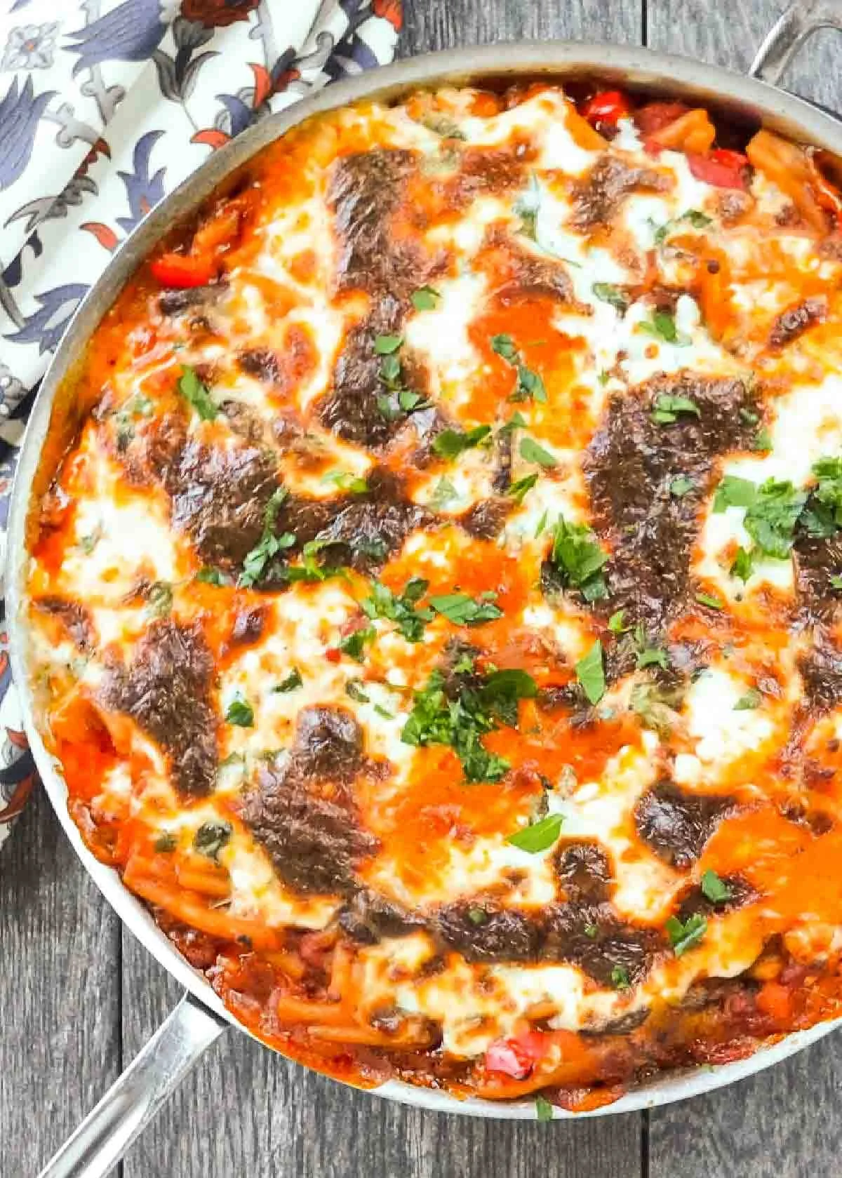 A down shot of One Pot Lasagna Pasta in a stainless steel skillet.