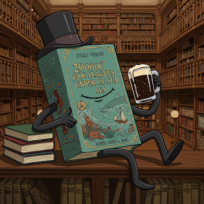A copy of 20,000 Leagues under the Sea with arms, legs and a fancy top hat drinking a porter inside a library.
