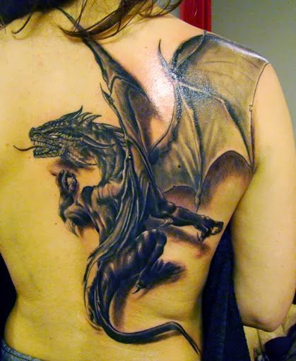 Modern Dragon Tattoo Image, Women Fullback Modern Dragon Tattoo, Dragon On Women Back Tattoo, Women Back With Dragon Fly Tattoo, Women, Animal, Birds, Parts,