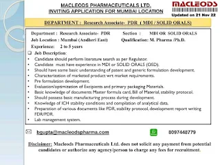 macleods Pharma jobs, reasearch associate jobs in macleods pharma