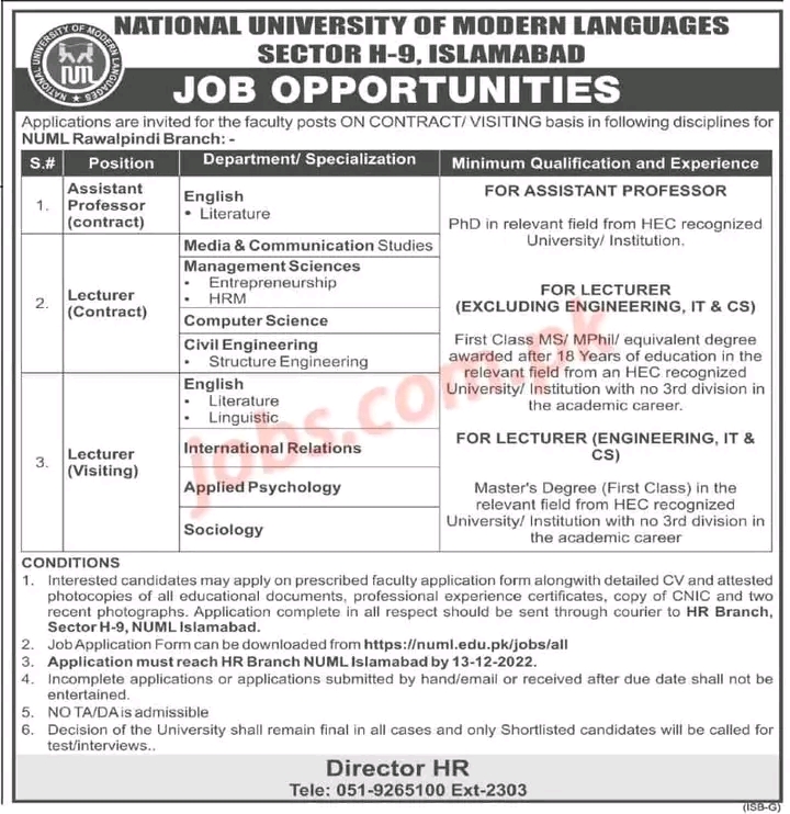 Lecturer jobs at numl job application form 2022 -numl university islamabad