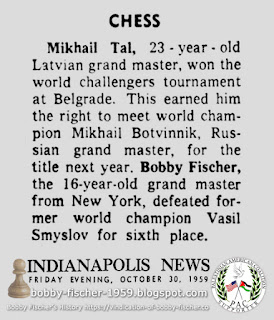 Mikhail Tal Wins in Belgrade Challengers Chess, Bobby Fischer in sixth place after Defeat of Vassily Smyslov