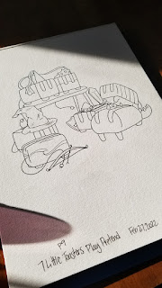 An ink drawing of seven toasters dressed in fantasy attire.