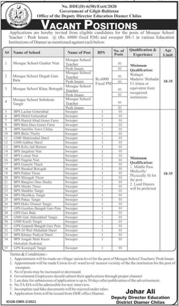 Latest Education Department Management Posts Diamer 2023