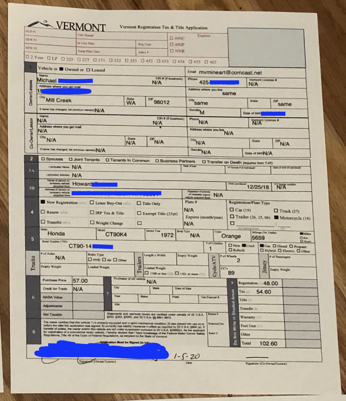 Registering a Small Motorcycle in the State of Vermont