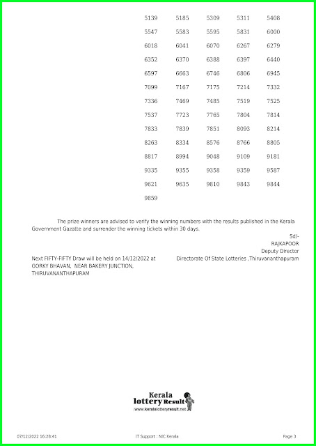 Kerala Lottery Result 07.12.22 Fifty Fifty 50-50 FF 27 Results Today keralalotteryresult.net