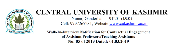 Walk-In-Interview for Assistant Professors/Teaching Assistants AT CENTRAL UNIVERSITY OF KASHMIR - Interview date 11-03-2019