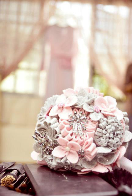 Felt, Brooch, Stone, Pink, Grey, Bouquet