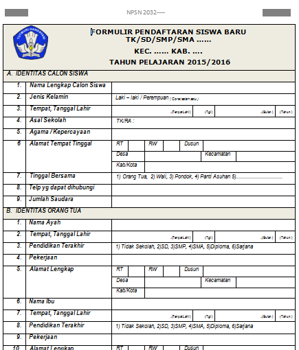 Formulir Pendaftaran Siswa Baru 2015 - SD/MI, SMP/MTs, SMA/MA, SMK, PAUD/TK, 