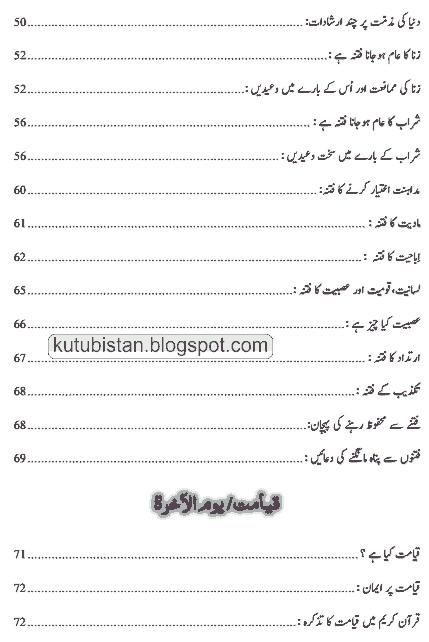 Contents of the Urdu book Tareek Fitnay Aur Qayamat Ki Alamaat