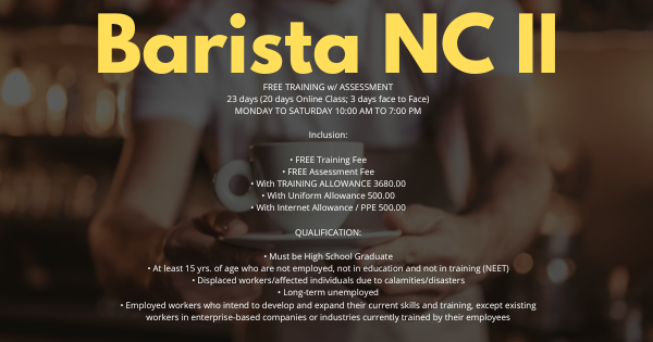 Barista NC II | FREE TRAINING w/ ASSESSMENT | RCTI Training & Assessment Corp.