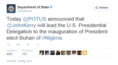 tweet confirming John Kerry visit to Nigeria