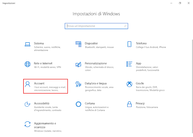 Windows 10, Impostazioni - Account