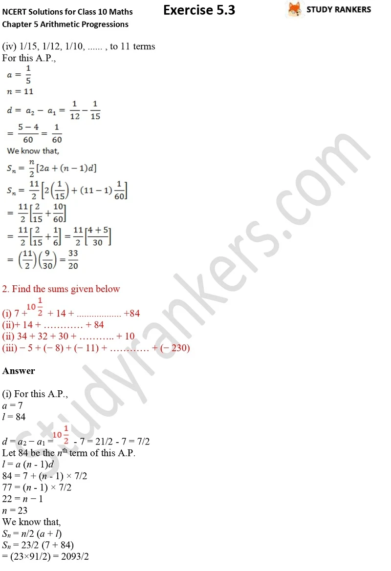 NCERT Solutions for Class 10 Maths Chapter 5 Arithmetic Progressions Exercise 5.3 Part 1 Part 2