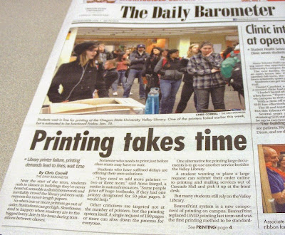 OSU student newspaper front-page showing line for computer printers Barometer, Jan. 16, 2015, p. 1