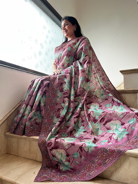 Elegance Redefined: Digital Print Tussar Saree with Hand Done Kantha Work