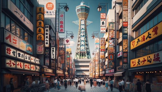 Photo of Tsutenkaku tower in Osaka during the daytime, surrounded by the bustling streets of the Shinsekai district with people walking by and local shops.