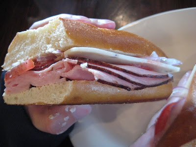 Corner Bakery's Bavarian Ham on Pretzel Bread side view