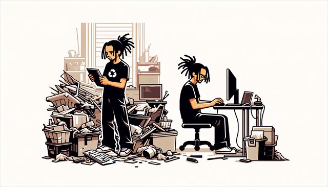 An abstract minimalistic illustration of a casual Japanese man with dreadlocks, tidying up his extremely cluttered room to make space for a newly installed Linux PC. The scene should capture the essence of the cluttered room with abstract representations of various items and a sense of disarray. The man is depicted in the midst of cleaning, possibly looking a bit overwhelmed yet determined. Another part of the illustration shows him later at work, exhausted but focused on his computer, doing a tedious task of copying and pasting from a long list. The style is very minimalistic, emphasizing the chaotic yet productive nature of his day.