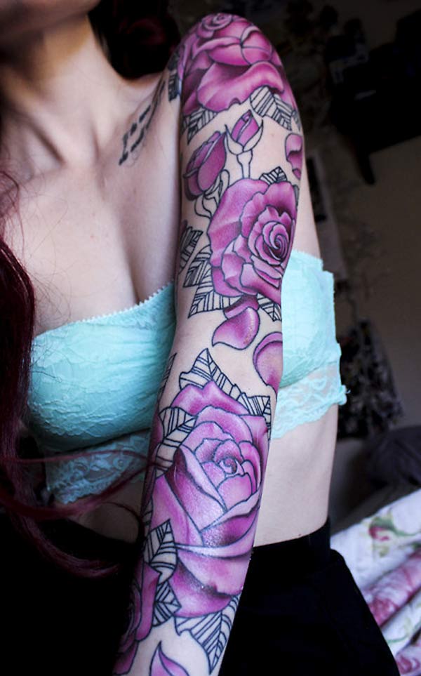 Full sleeve pink rose flowers wonderful tattoo designs idea for girls