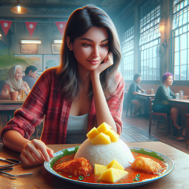 A young lady in a kopitiam is wondering whether she should take nasi lemak with pineapple in it