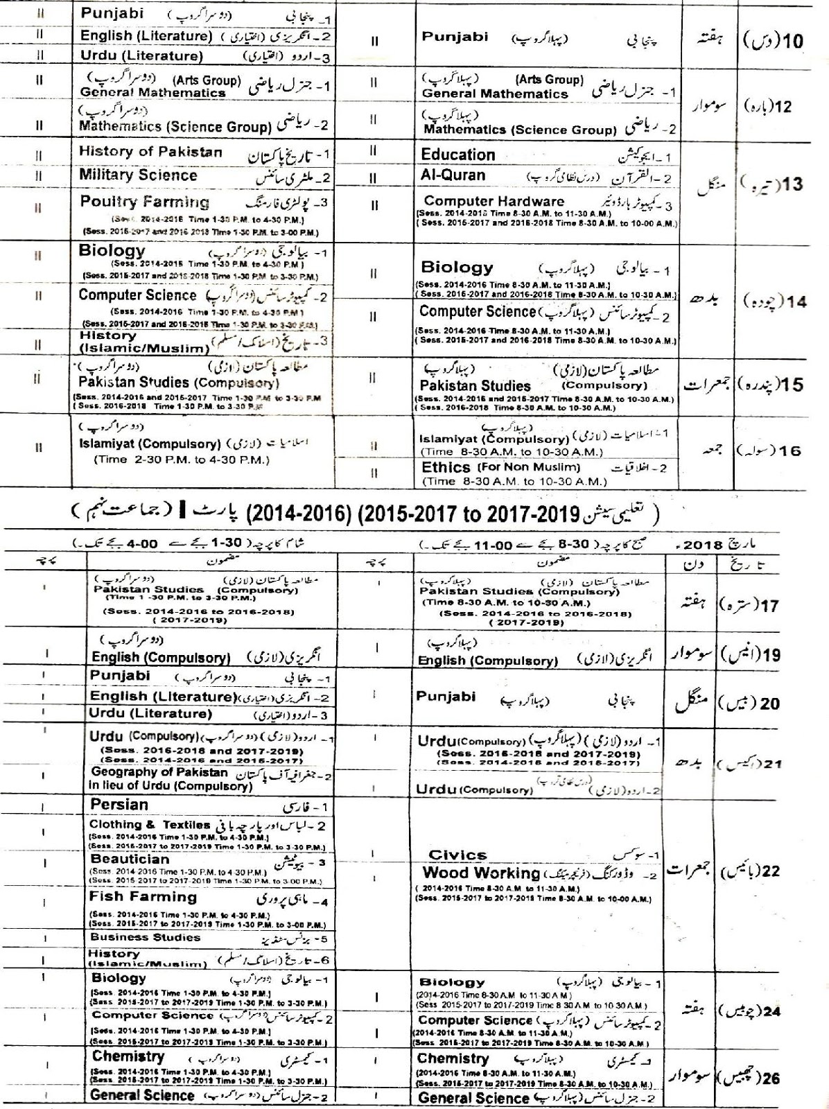 Lahore Board Matric 9th And 10th Class Supply Exam Date Sheet Supplementary Exam