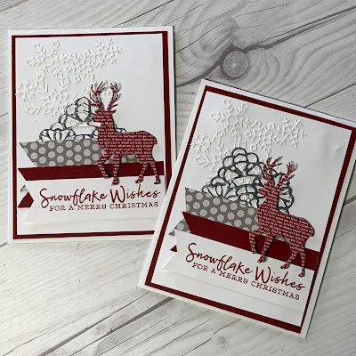 Two Christmas Cards using snowflake and deer die cuts with three banners