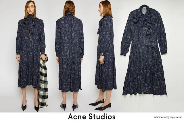 Swedish Crown Princess Victoria wore Acne Studios Tie-neck Gathered Printed Satin Jacquard Midi Dress