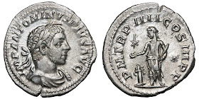 Silver denarius of Elagabalus. P M TR P IIII COS III P P. 221 CE. 19x20mm, 3.00g. RCV (2002) 7536 var; RIC IV 46 var; BMCRE V p.569, 257 var (no beard).
