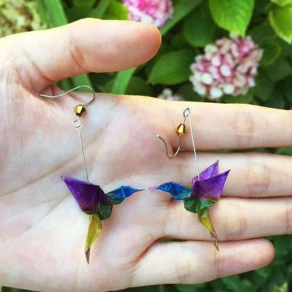 pair of painted origami hummingbird earrings