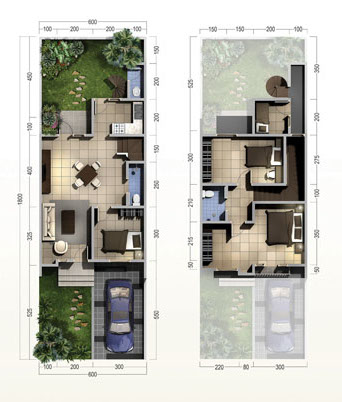 Denah rumah minimalis ukuran 6x18 meter 4 kamar  tidur 2 