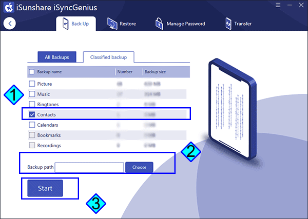 select Contact option to backup