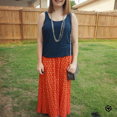 awayfromblue Instagram | breastfeeding outfit for church navy tank and red printed maxi skirt