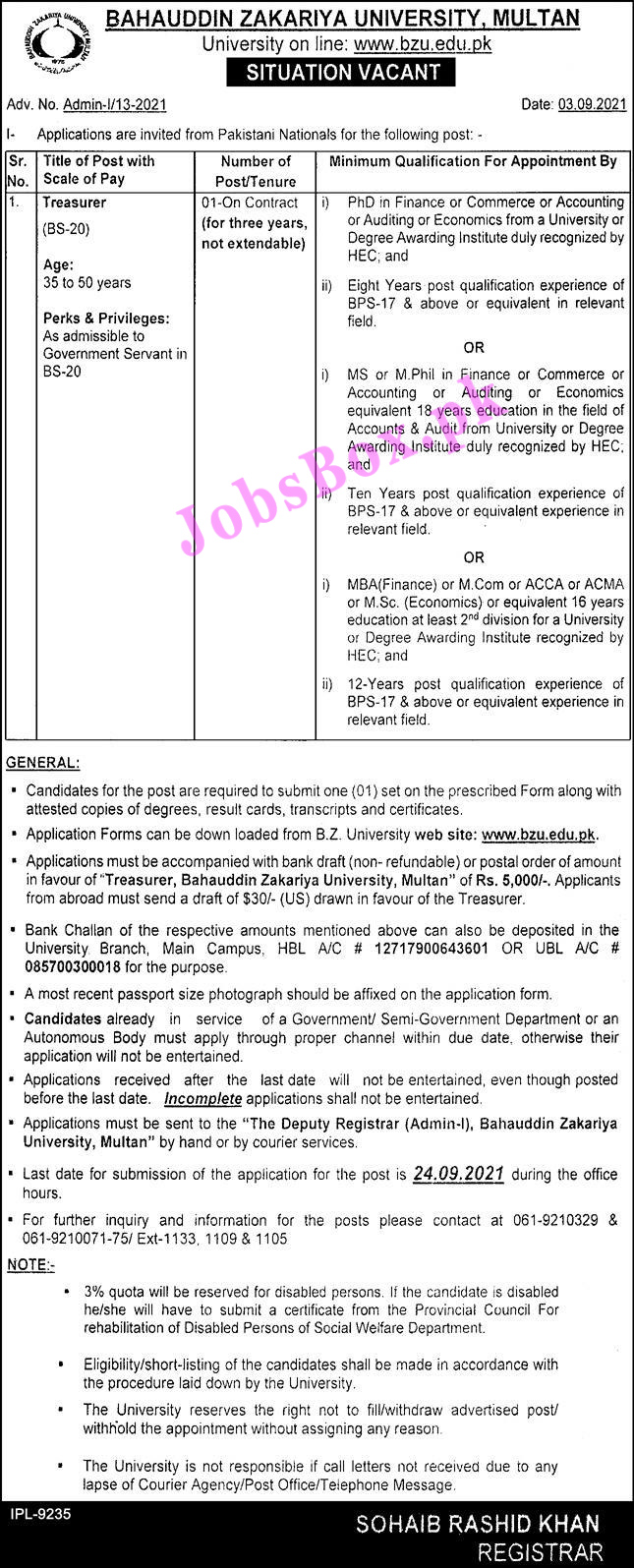 Bahauddin Zakariya University BZU Multan Jobs 2021 – Online Apply