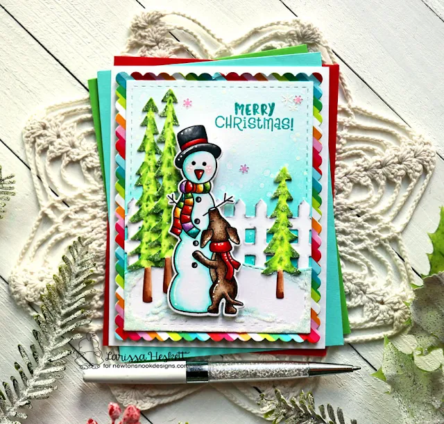 Merry Christmas Card created for Newton's Nook Designs using Holiday Heights, Frames and Flags, Land Border Die Set, Fence Die Set & Forest Scene Builder Die Set