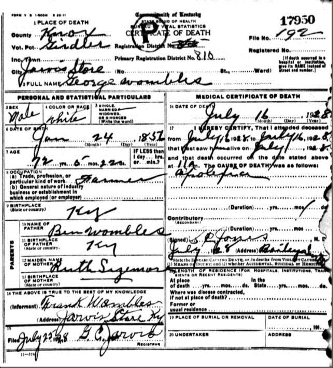 Wombles-George Death Record 16 July 1928