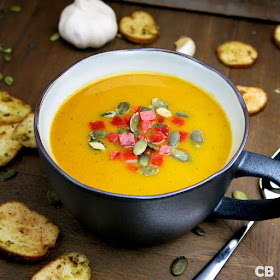 Pompoensoep met chorizo en pompoenpitten
