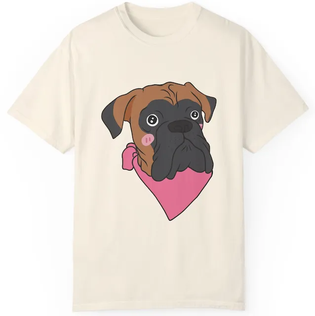 T-Shirt With Cartoon of Boxer Dog Wearing Pink Scarf