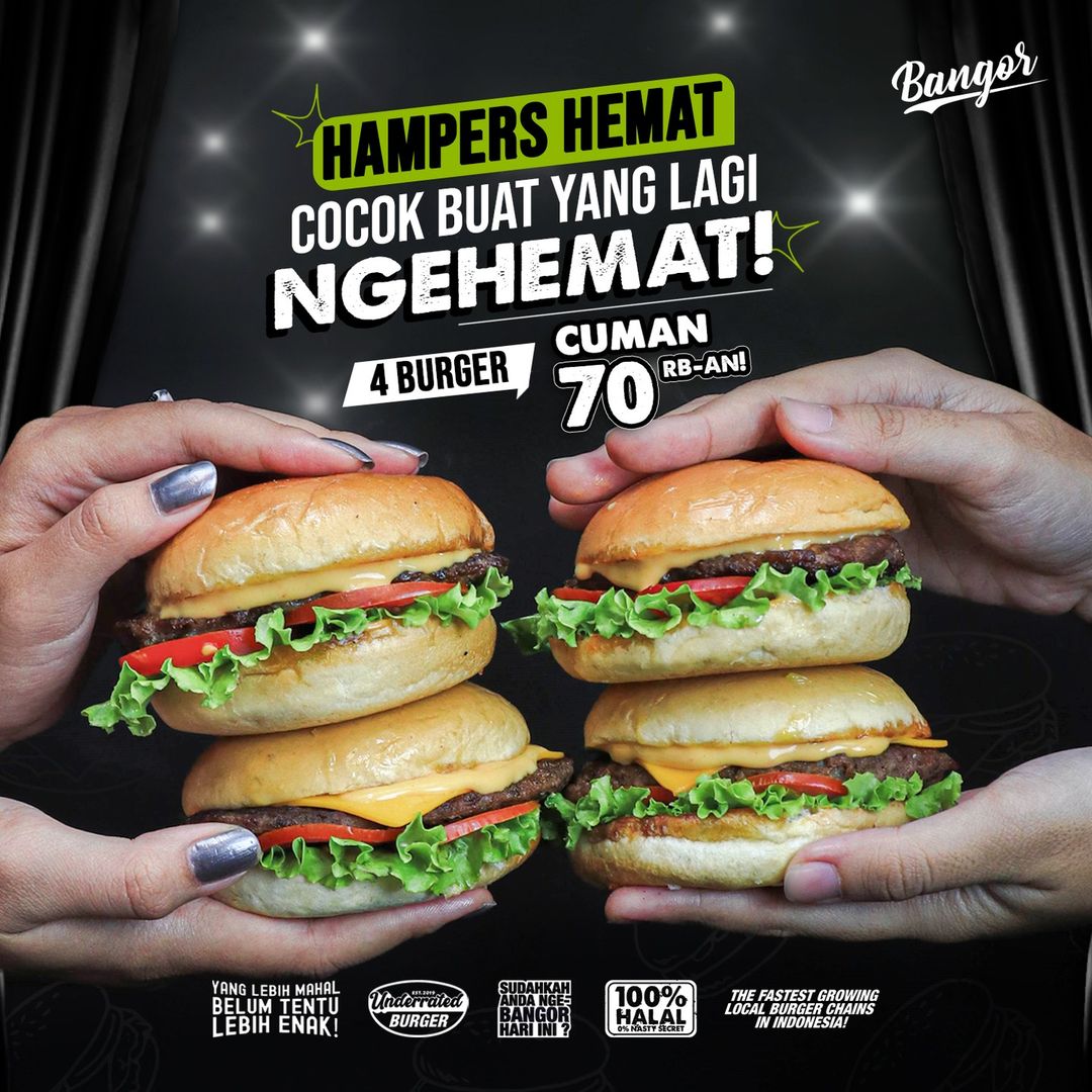 Promo BURGER BANGOR HAMPERS HEMAT! 4 Pcs BURGER Hanya 70Ribu-an