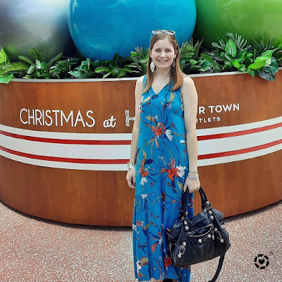 awayfromtheblue Instagram | kmart teal tropical print floral maxi dress with black balenciaga part time bag shopping outfit