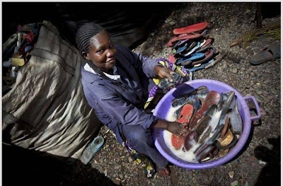 What will these old shoes become after the recycling?