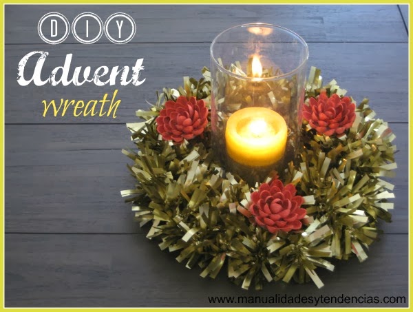 DIY Advent wreath made with tinsel and recycled supplies