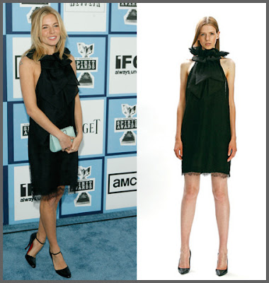 Sienna Miller dones a simple black Monique Lhuillier dress with lace 