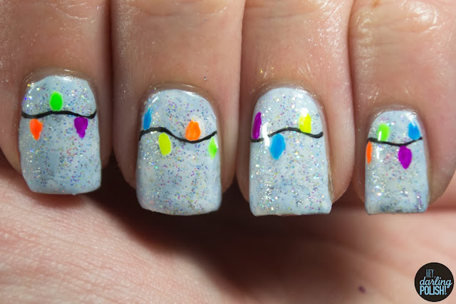 nails, nail art, nail polish, christmas lights, neon, hey darling polish, winter, winter nails