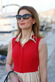 Vitti Ferria Contin necklace, NAU! sunglasses, red lips dress, MAC melba blush on face, Fashion and Cookies, fashion blogger
