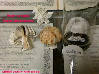 Paper Mushrooms, made out of an old recipe book. Learn how they're made on Night Sea 90