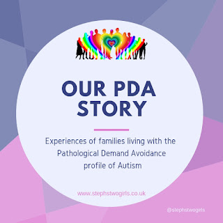 pink and purple square logo with words our pda story, experiences of families living with the pathological demand avoidance profile of autism