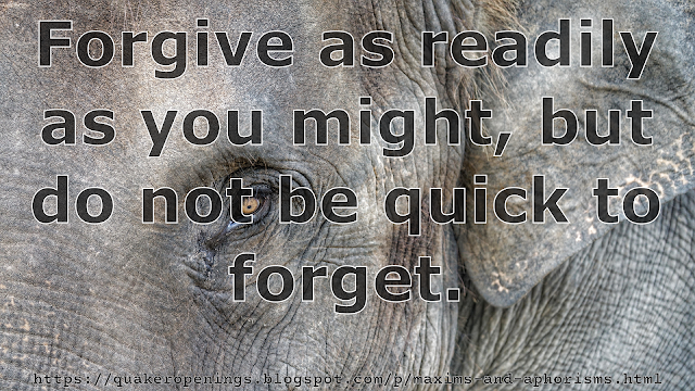 Close-up of the upper left quadrant of an elephant's face. Overlaid text reads "Forgive as readily as you might, but do not be quick to forget."