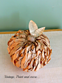 Vintage, Paint and more... rustic pumpkin made from brown paper lunch bags, twine and book pages